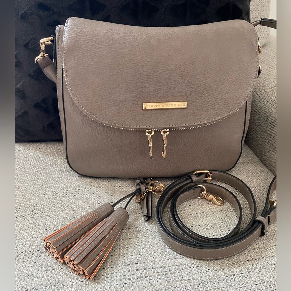 Poppy & Peonies Taupe Crossbody Bag with Tassels